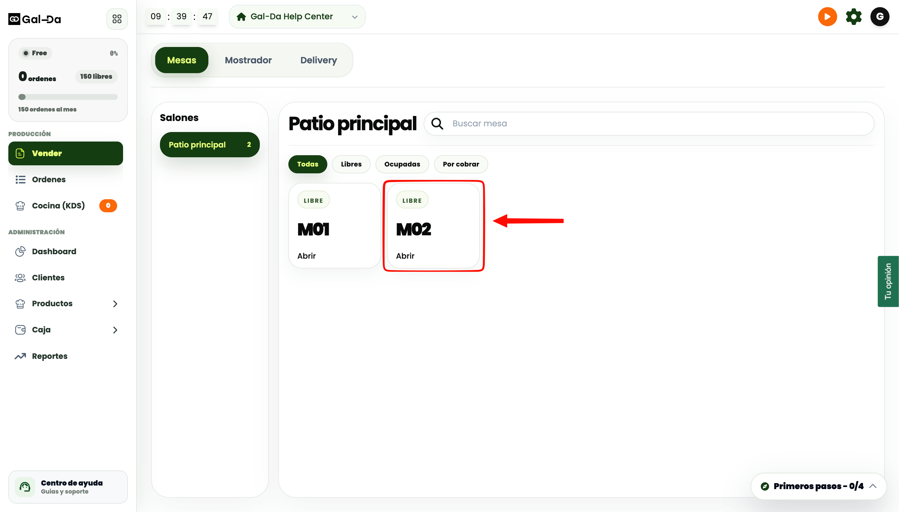 Seleccionar mesa para crear pedido